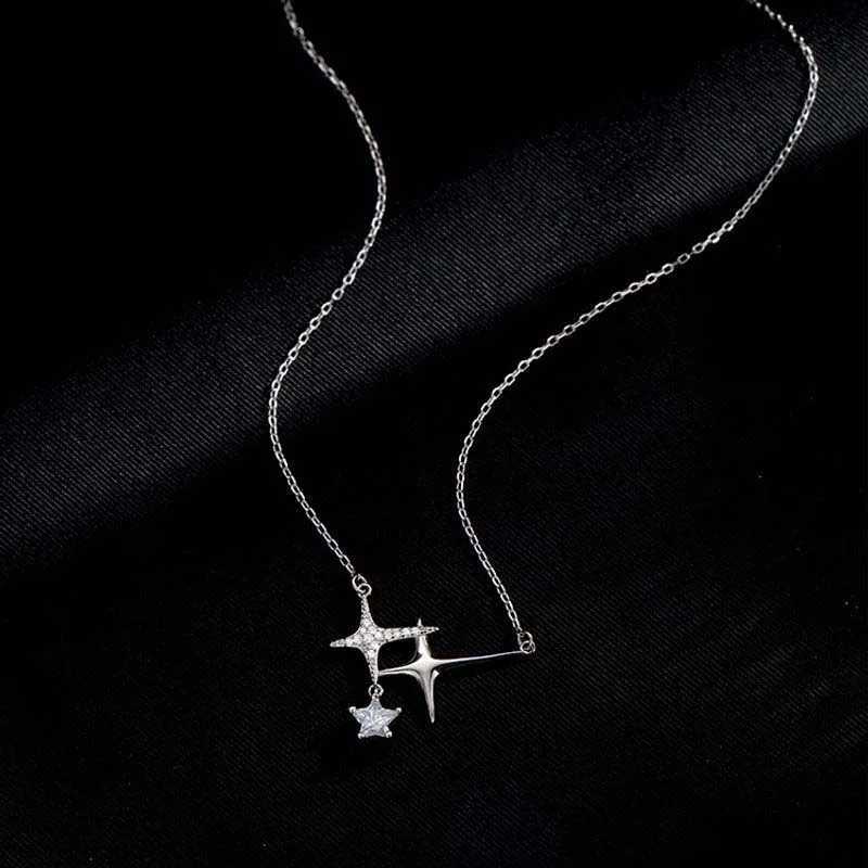 Fashion Sliver Color Four-Pointed Star Pendant Necklaces for Women Egirl Simple Crystal Star Clavicle Chain Necklace Jewelry Y2K H260406
