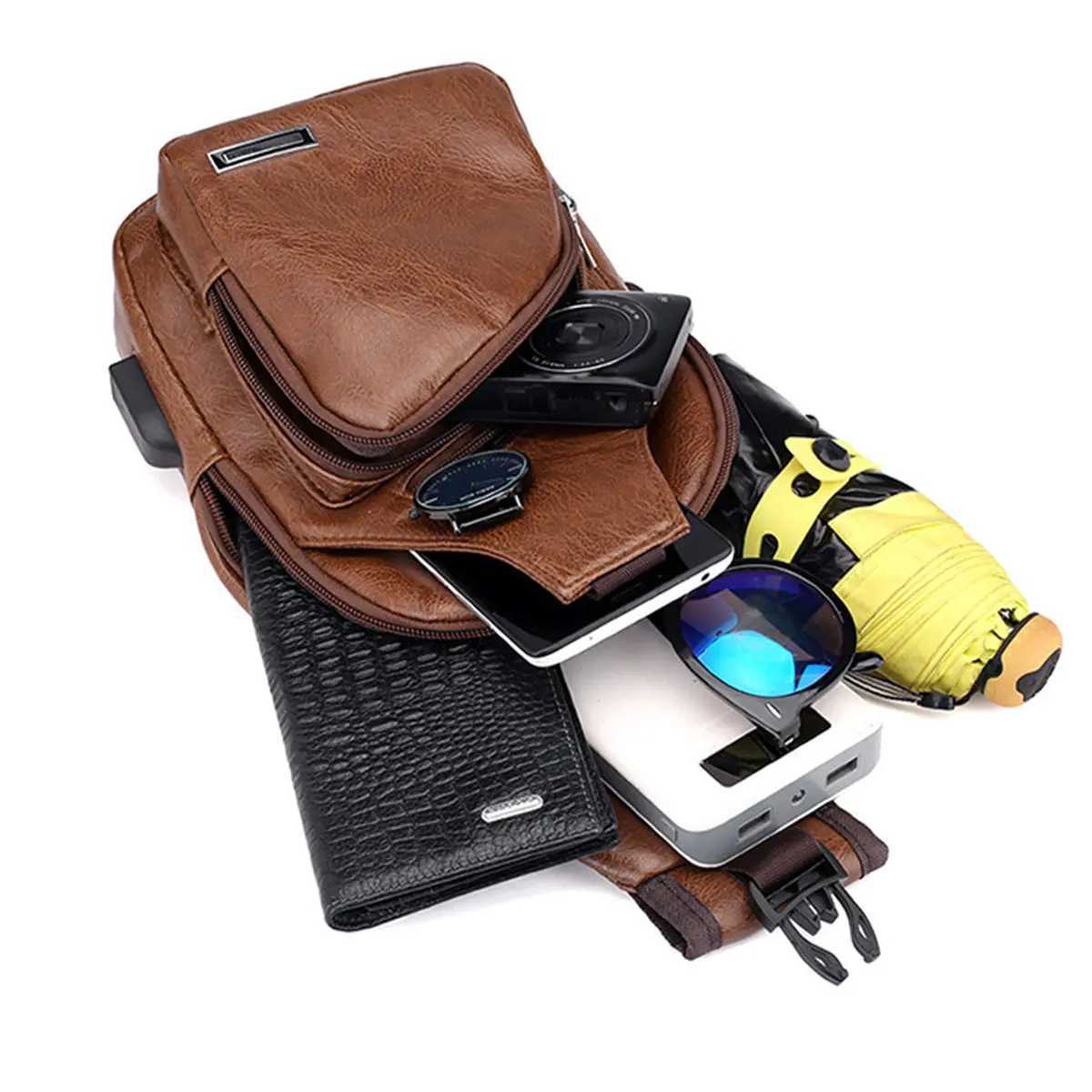 New casual mens shoulder bag outdoor sports large capacity chest bag mens multifunctional PU business crossbody bag C260406