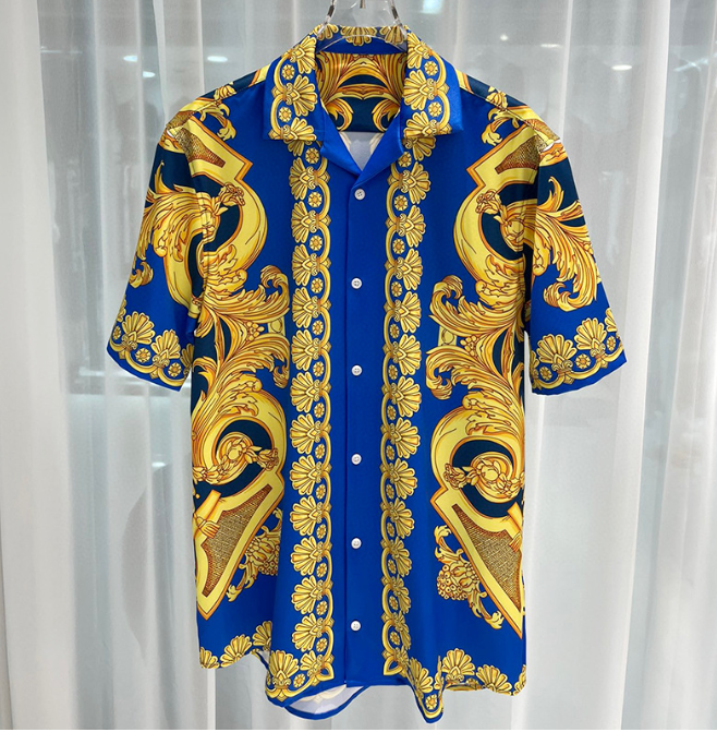 AA Men's Baroque Short Sleeve Shirt Fashion New Retro Golden Pattern Men's Prin…