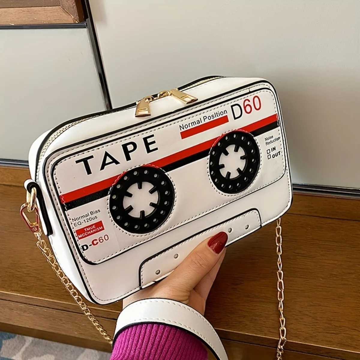 Womens Funny Personalized Tape Audio Tape PU Crossbody Bag Versatile Chain Shoulder Bag C260406