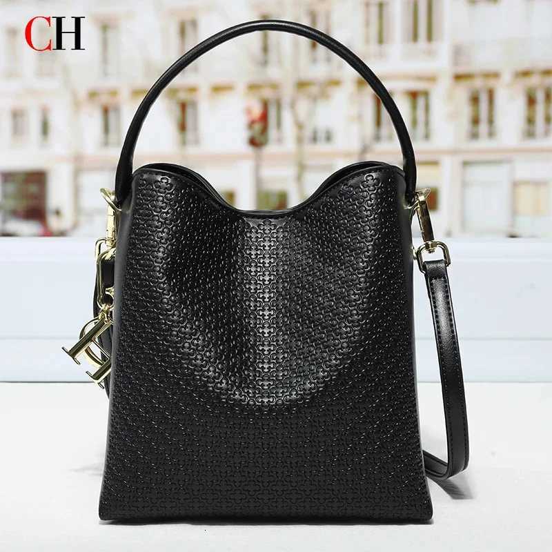 CH Embossed Leather Bucket Bag Large Capacity Handbag with Detachable Shoulder Strap Tote Bag for Women H260406