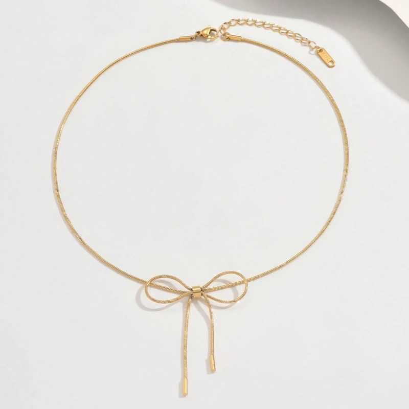1 Gold Color Chain Bow Pendant Necklace Womens Fashionable and Simple Design Daily Party Jewelry Gift H260406