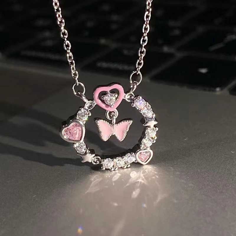 Sweet Pink Round Crystal Pendant Necklace Simple Design Korean Fashion Girls Women Star Clavicle Chain Jewelry Gifts H260406