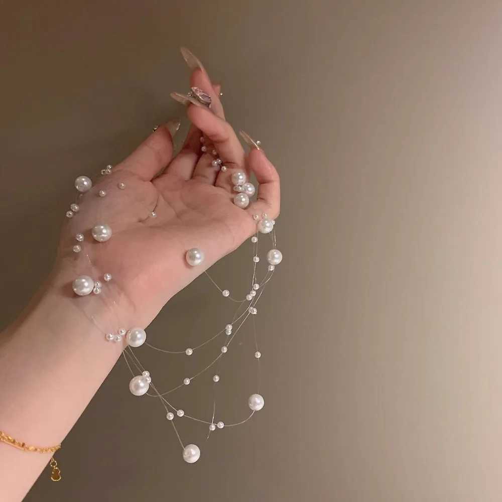 Sweet Temperament Fairy Starry Sky Multi-layer Fishing Line Imitation Pearl Necklace for Women Bride Wedding Charm Jewelry Gifts H260406