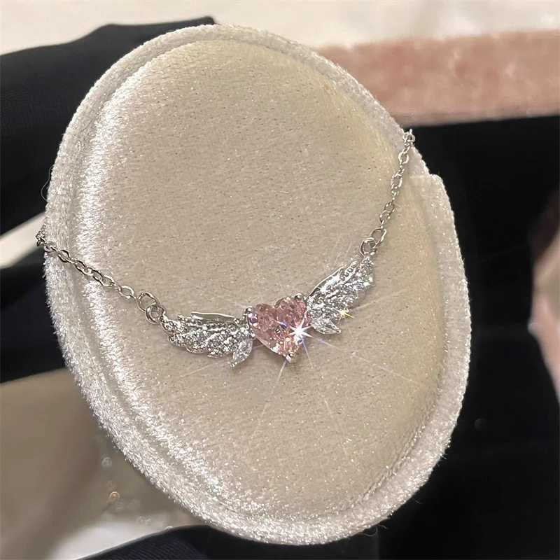 Crystal Angel Wings Pink Heart Pendant Necklaces Y2K Girl Women Heart Clavicle Chain Choker Fashion Jewelry Gifts H260406