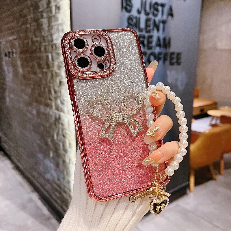 Designer Luxury Glitter Phone Case For Iphone 17 15 14 Pro Max 3D Bling Rhinestone Bowknot Protective Cover With Pearl Wrist Strap For Women