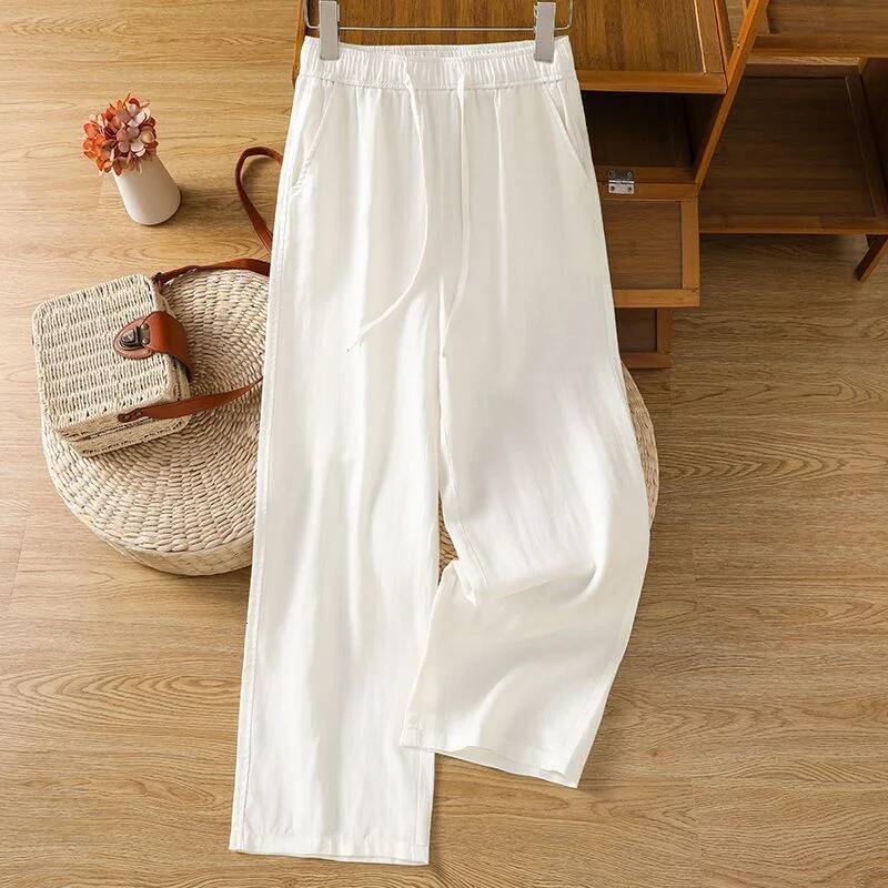 White Linen Wide Leg Pants Women Summer High Waist Relaxed Fit Casual Trousers Loose Floor Length ddmysept