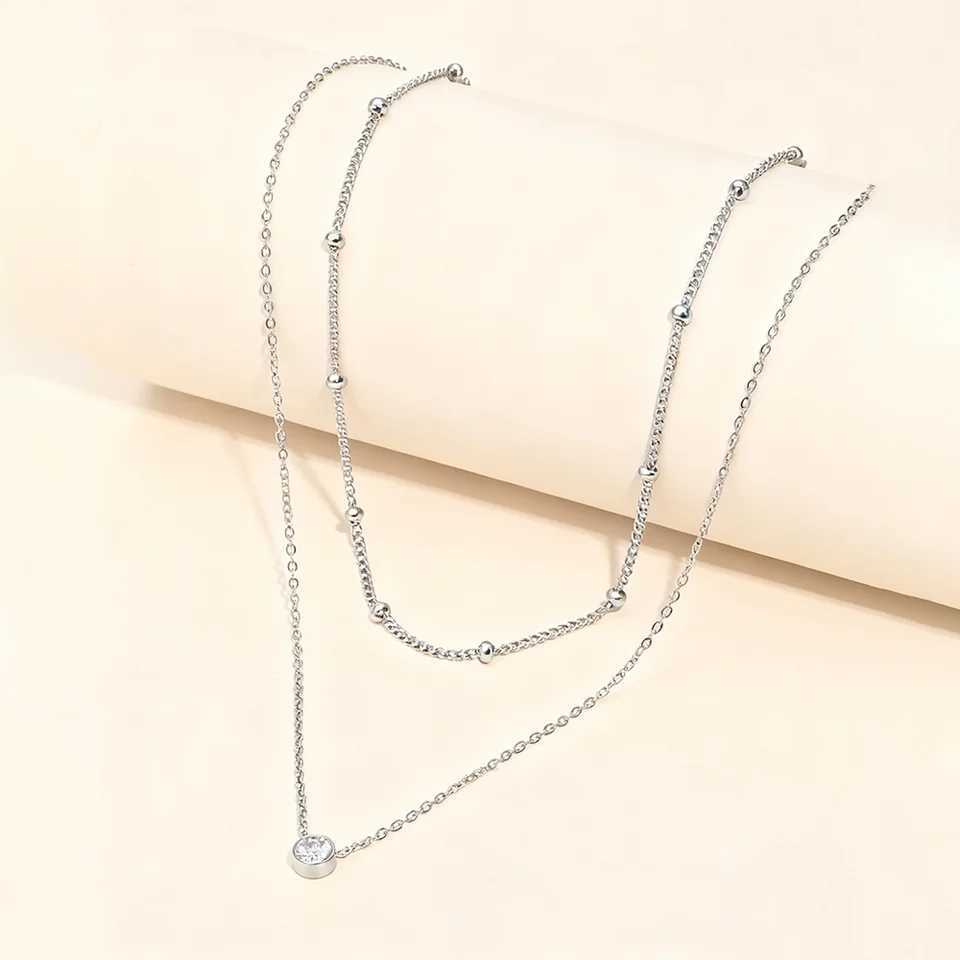 Stainless Steel Zirconia-Inlaid Pendant Double-Layer Necklace Ladies Refined Luxury Elegant Layered Beaded Necklace Jewellery H260406