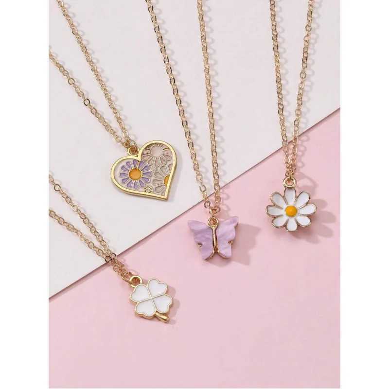 4pcs/Set Fashionable Heart Rose Flower Metallic Checkered Butterfly Alloy Pendant Necklace Set For Women H260406