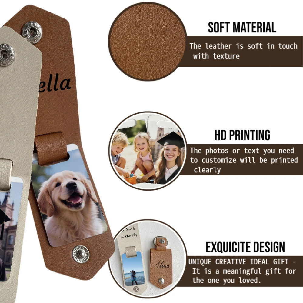 Custom Po Leather Keychain Printed Picture Personalized Key Tag Laser Engrave Text Keyring Gift for Family Lover Friends Box 260403BJ