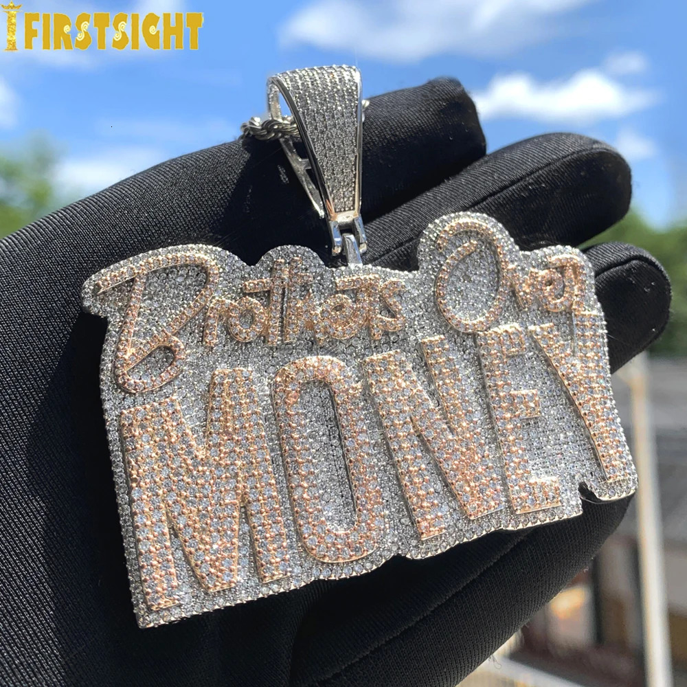 Hip Hop Brothers Over Money Pendant Necklace Gold Color Iced Out Bling CZ Cubic Zirconia Letters Charm Men Women Jewelry 260331