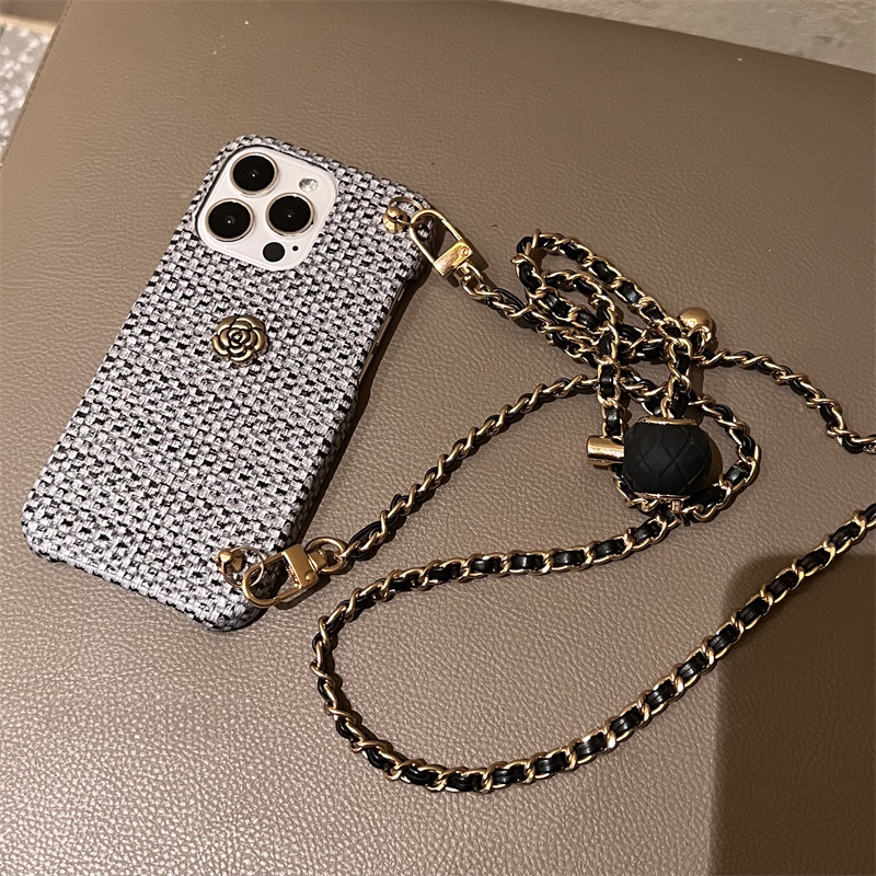 Designer Luxury Tweed Woven Phone Case For Iphone 16 15 14 Pro Max, Crossbody Chain Camellia Protective Cover For Women
