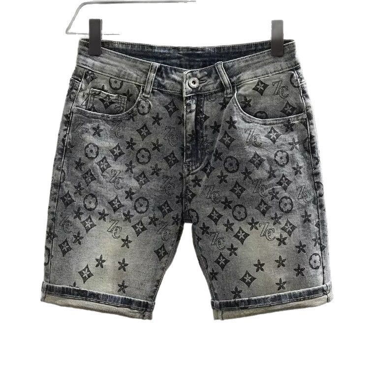 Luxury Brand Designer Clothes Summer High-End European-Style Printed Denim Shorts For Men, Slim-Fit, Korean-Style Trendy Mid-Length Pants