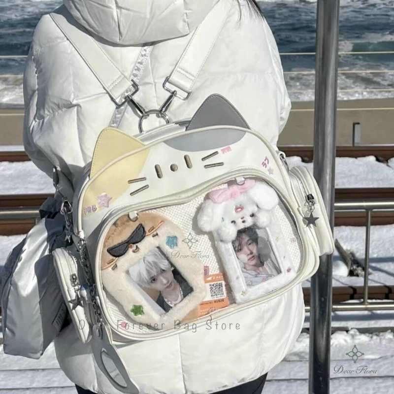 Y2K Korean Cute Cat Ita Bag Japan Kawaii PU Crossbody Bag Girls Transparent Pocket Harajuku Shoulder Bag Silver Fashion Backpack C260406