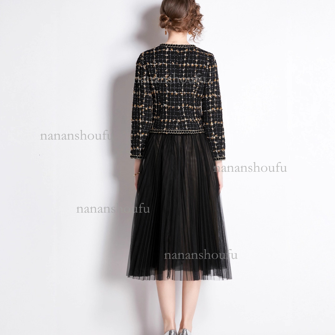 2026 Designer Set Luxury Fashion Brand Women's Elegant Embroidery Coarse Twill Round Neck Bow Jacket Top High Waist Mesh Mesh Maxi Skirt Date Ver