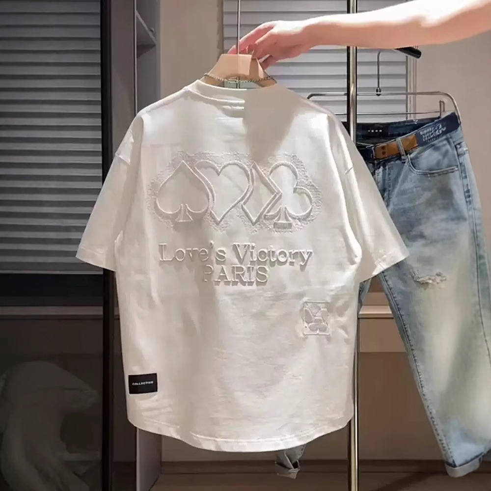 Designer Clothing - Summer New Style Fully Embroidered Letter Pattern Round-neck Short-sleeved Men's Trendy Loose-fitting Breathable Pullover T-s