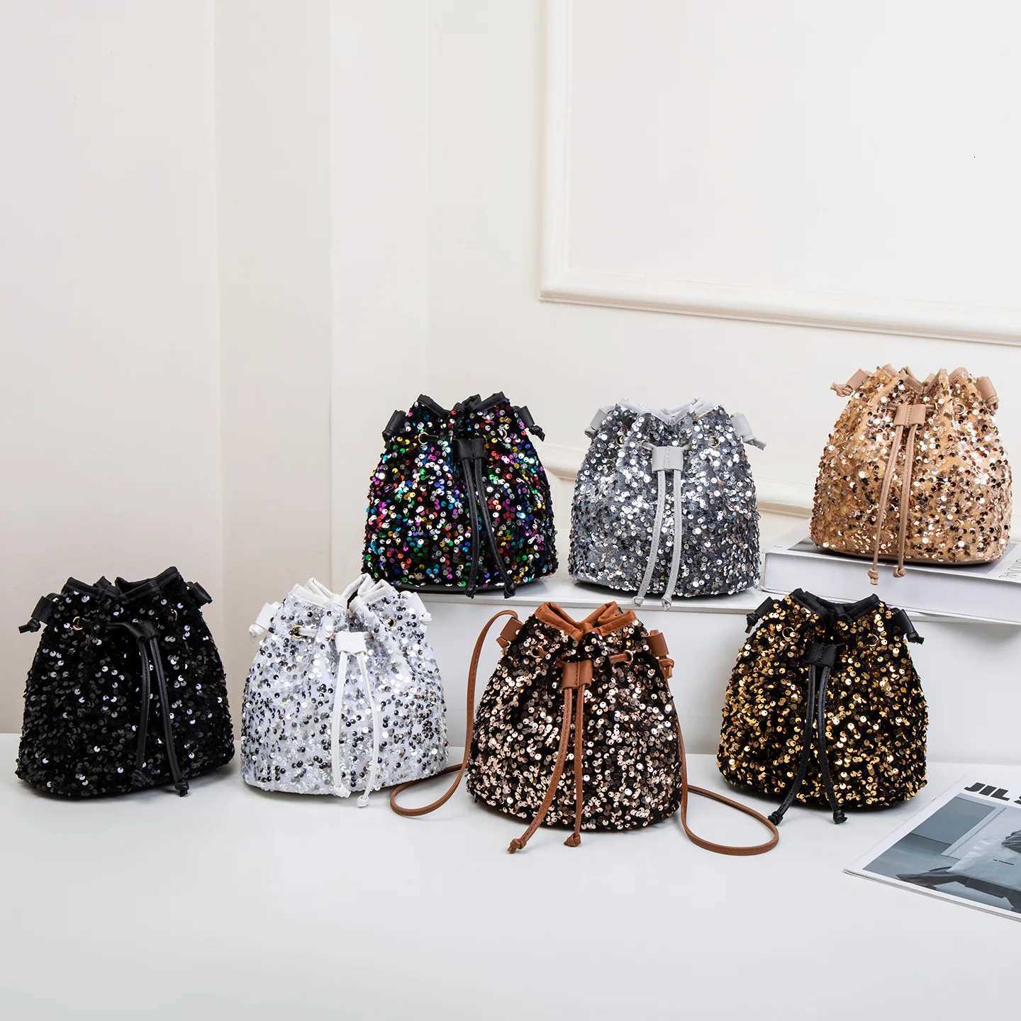 New Chic Multicolor Sequin Shing Shoulder Bag Fashion Versatile Handbag Drawstring Bucket Bag Large Capacity Wallet Purse Bags C260406