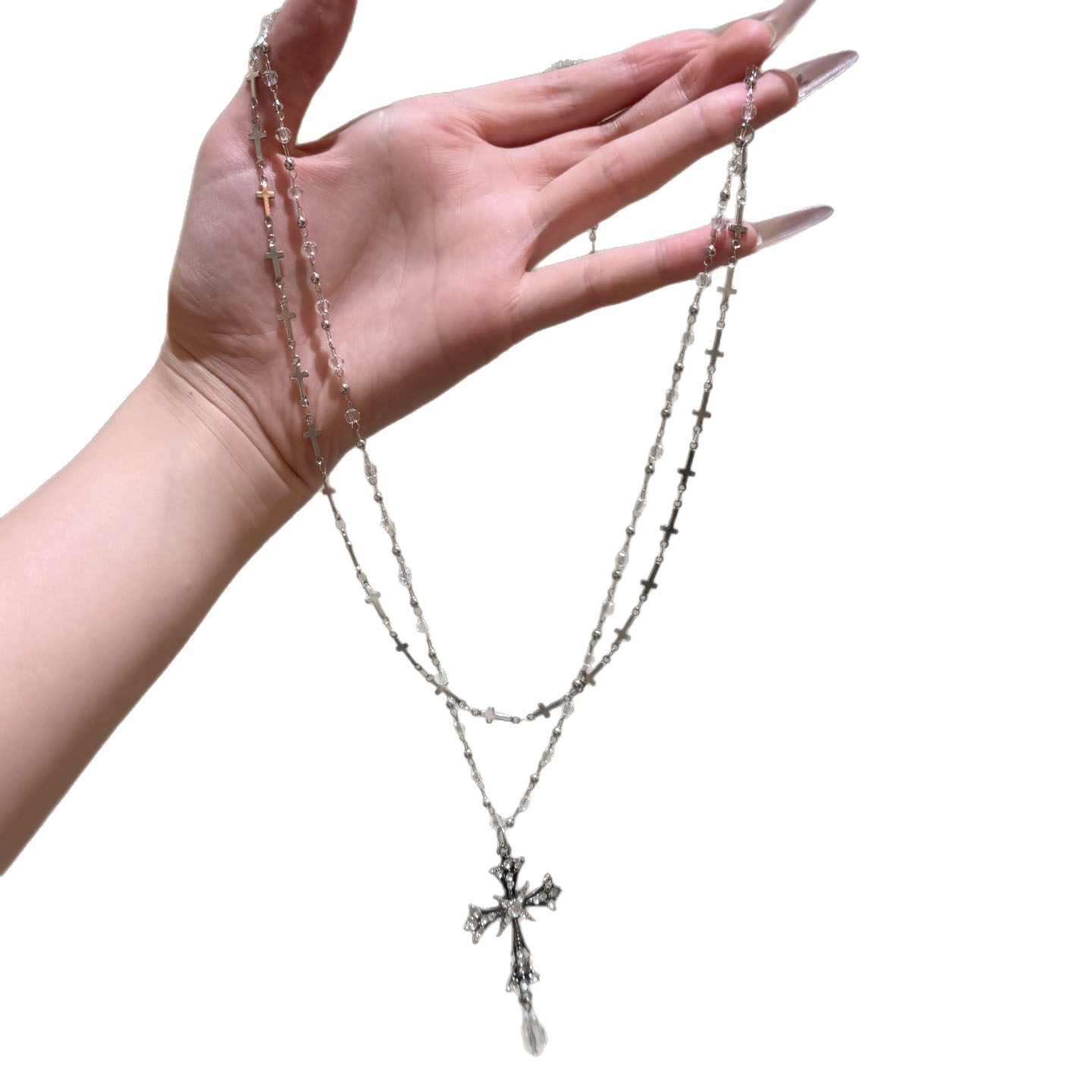 Sweet cool multi-layer beaded cross necklace, niche style trendy girls, clavicle chain with a light luxury and high-end feel for women - view 5
