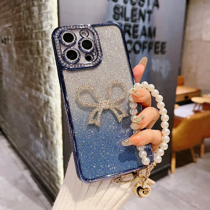 Designer Luxury Glitter Phone Case For Iphone 17 15 14 Pro Max 3D Bling Rhinestone Bowknot Protective Cover With Pearl Wrist Strap For Women