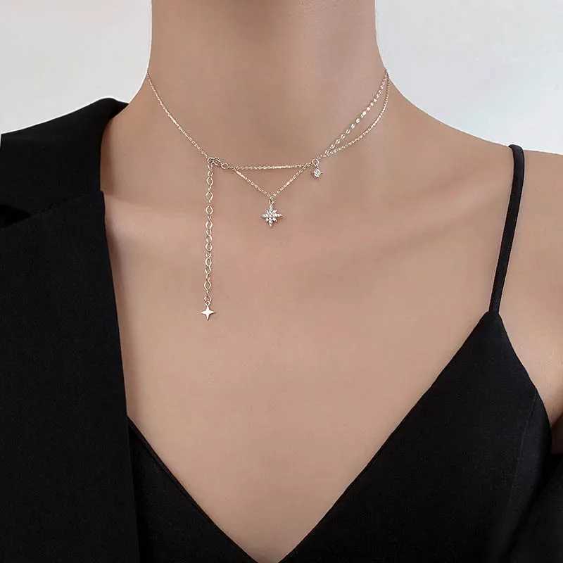 Sparkling Star Pendant Choker Necklace for Women Zircons Tassel Silver Plated Jewelry Gift for Ladies And Girls H260406