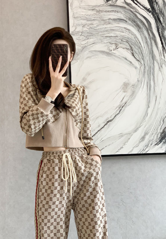 2026 Designer Set Luxury Fashion Geometric Printed Sports Top Summer Versatile Lightweight Women's Zipper Hoodie Loose Casual Pants Two Piece Set