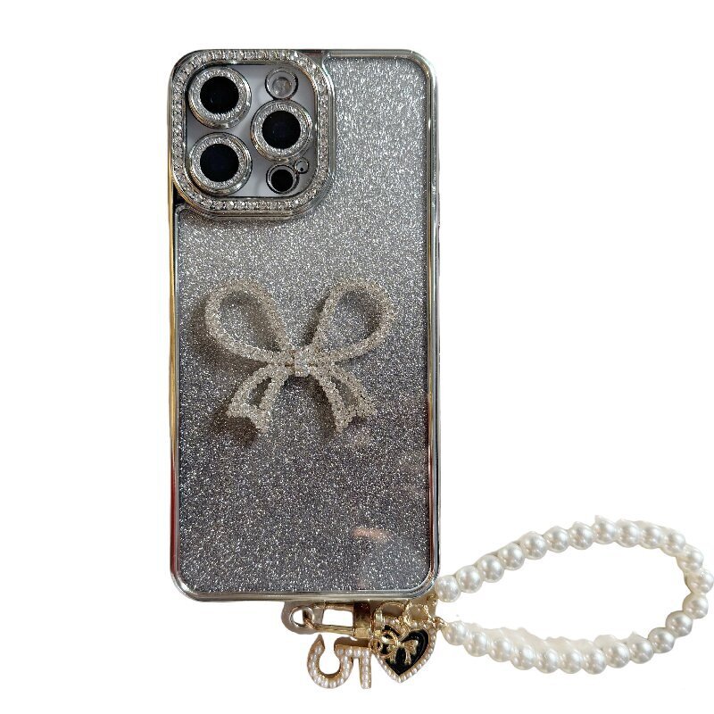 Designer Luxury Glitter Phone Case For Iphone 17 15 14 Pro Max 3D Bling Rhinestone Bowknot Protective Cover With Pearl Wrist Strap For Women