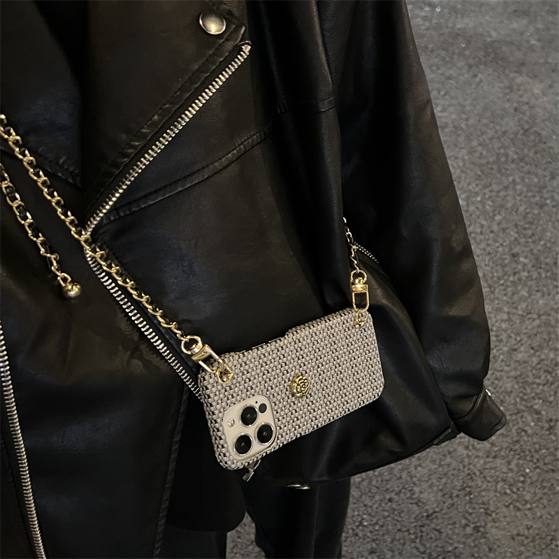 Designer Luxury Tweed Woven Phone Case For Iphone 16 15 14 Pro Max, Crossbody Chain Camellia Protective Cover For Women