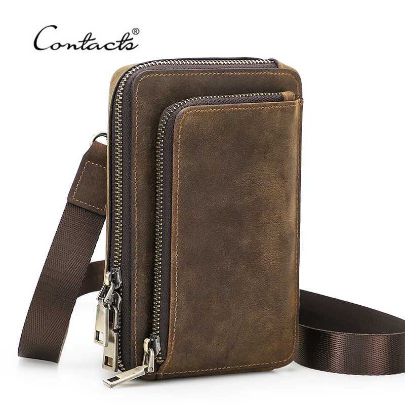 CONTACTS Crazy Horse Leather Men Crossbody Bag Casual Waist Pack Fanny Belt Bag For Male Small Phone Pocket Shoulder Bags C260406