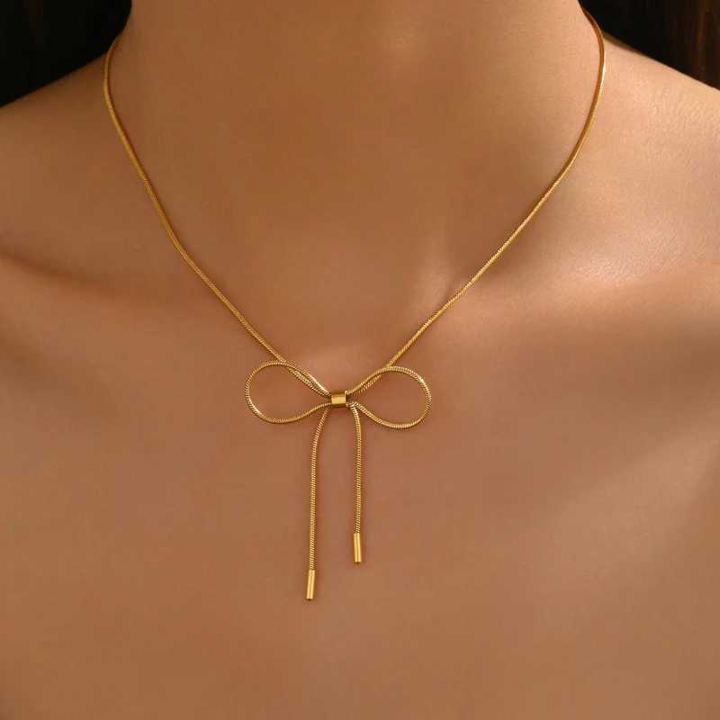 1 Gold Color Chain Bow Pendant Necklace Womens Fashionable and Simple Design Daily Party Jewelry Gift H260406
