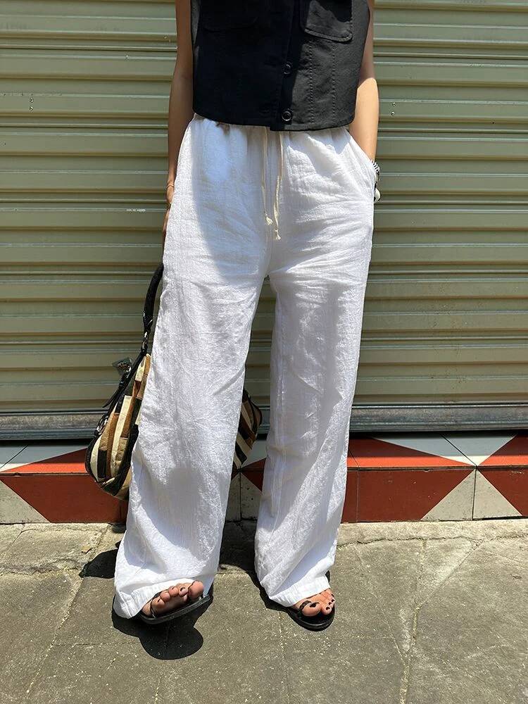 White Linen Wide Leg Pants Women Summer High Waist Relaxed Fit Casual Trousers Loose Floor Length ddmysept