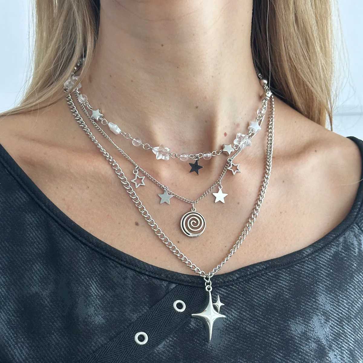 Stainless steel spiral pendant necklace / layered choker / star charm necklace / grunge cyber y2k fairycore subversive archive H260406