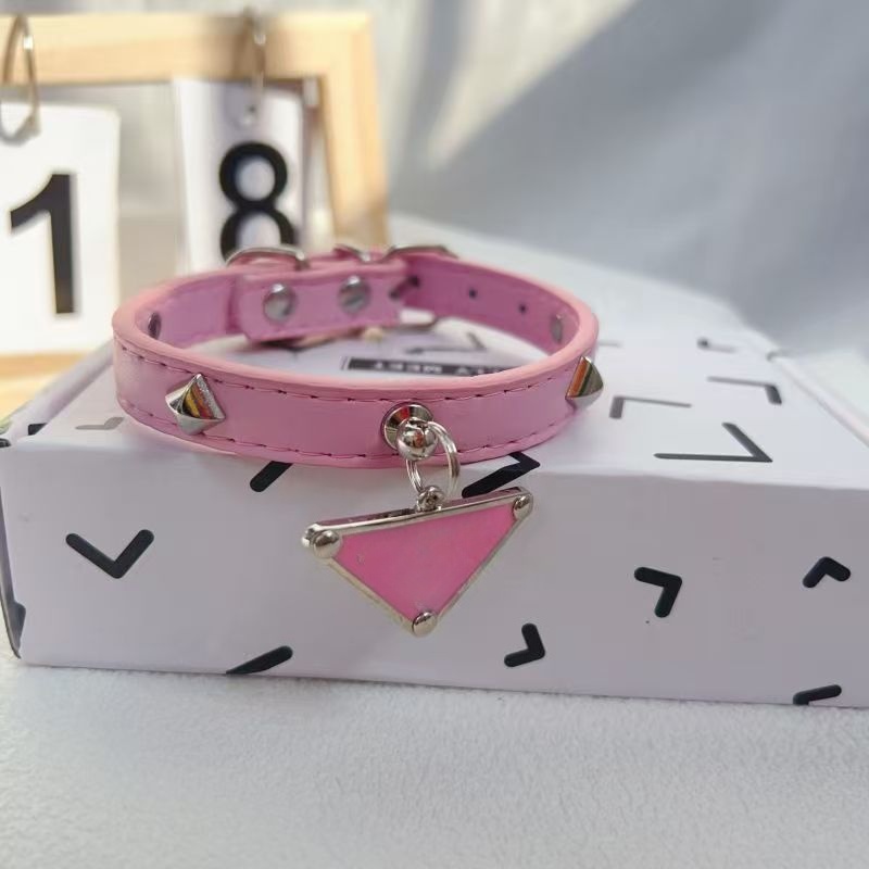 Designer Dog Collars and Leash Luxuy Leather Dog Collar with Classic Triangular Metal Charm Comfortable Adjustable Cats Collar