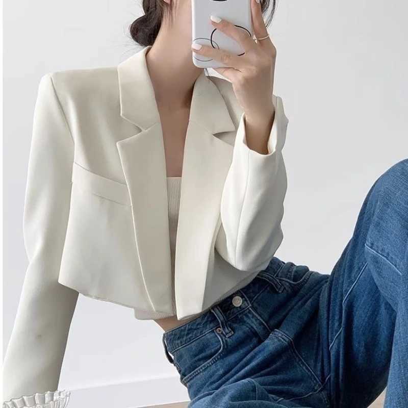 Fashion Women Short Blazer White Basic Jackets Top Elegant Solid Long Sleeve Open Front Coats Casual Short Outwear Office CoatT260406