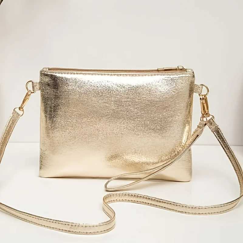 Elegant Gold Shiny Shoulder Bag Adjustable Shoulder Strap Zipper Closure Fashionable Retro Casual Crossbody Bags C260406
