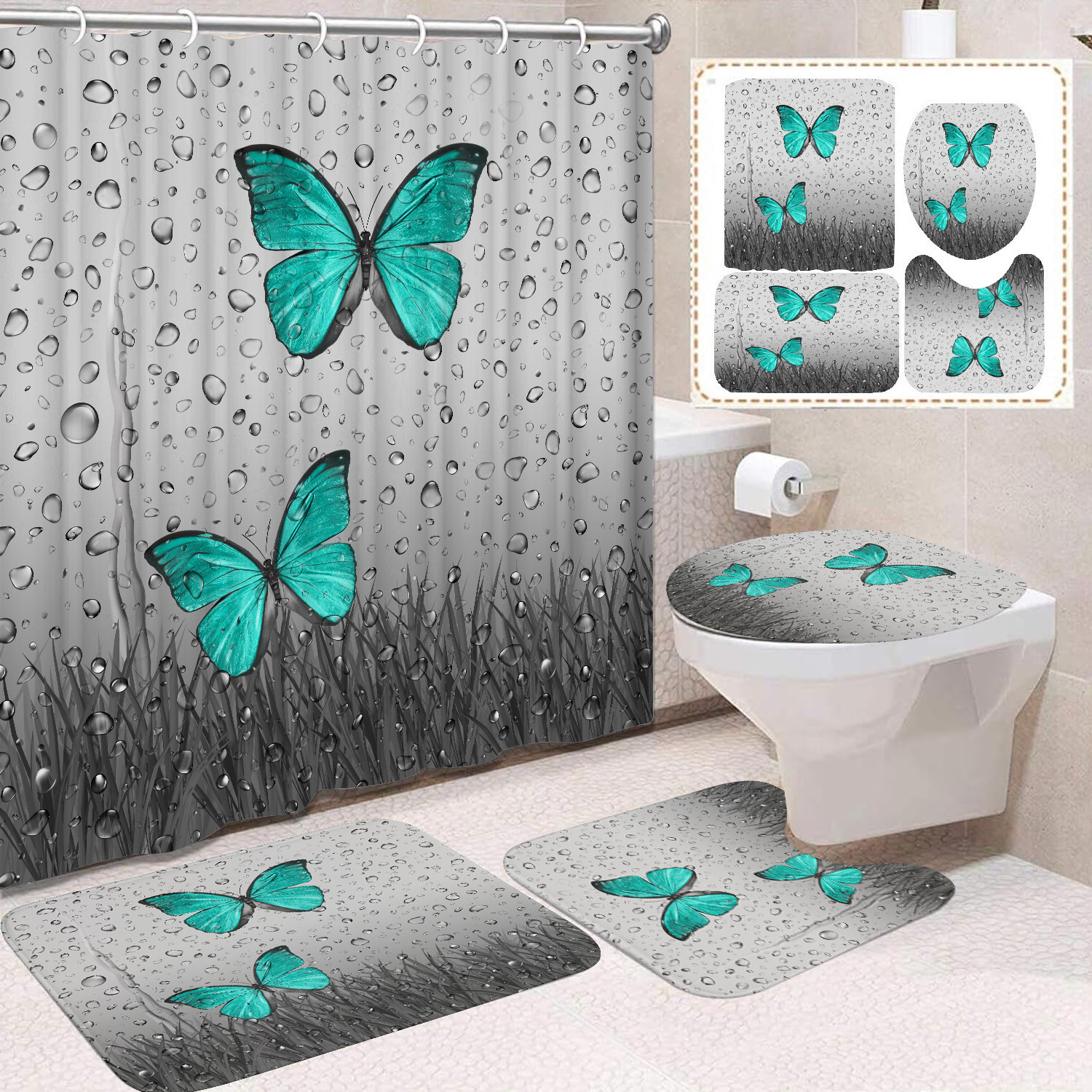 YL-38451 Home Decor Pink Butterfly and Flower Waterproof Shower Curtain Set (4 Pieces)