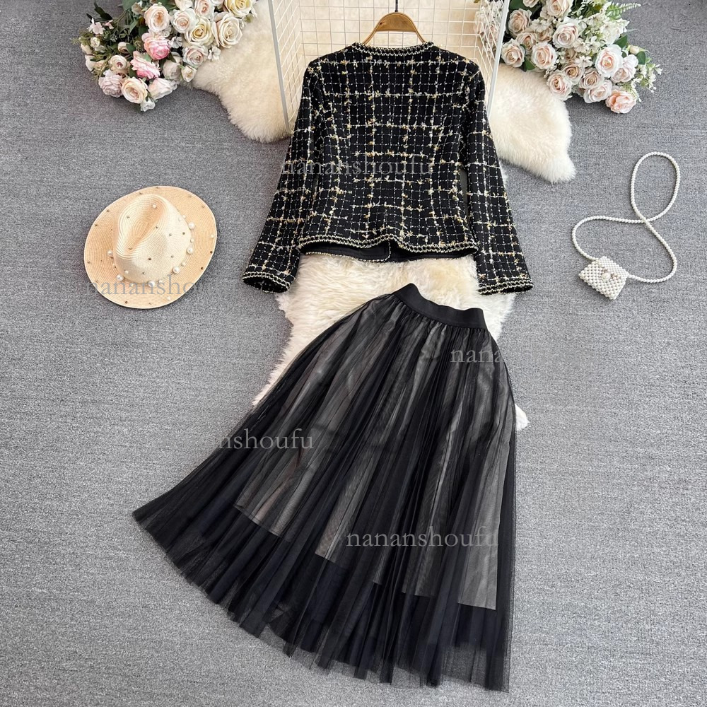 2026 Designer Set Luxury Fashion Brand Women's Elegant Embroidery Coarse Twill Round Neck Bow Jacket Top High Waist Mesh Mesh Maxi Skirt Date Ver