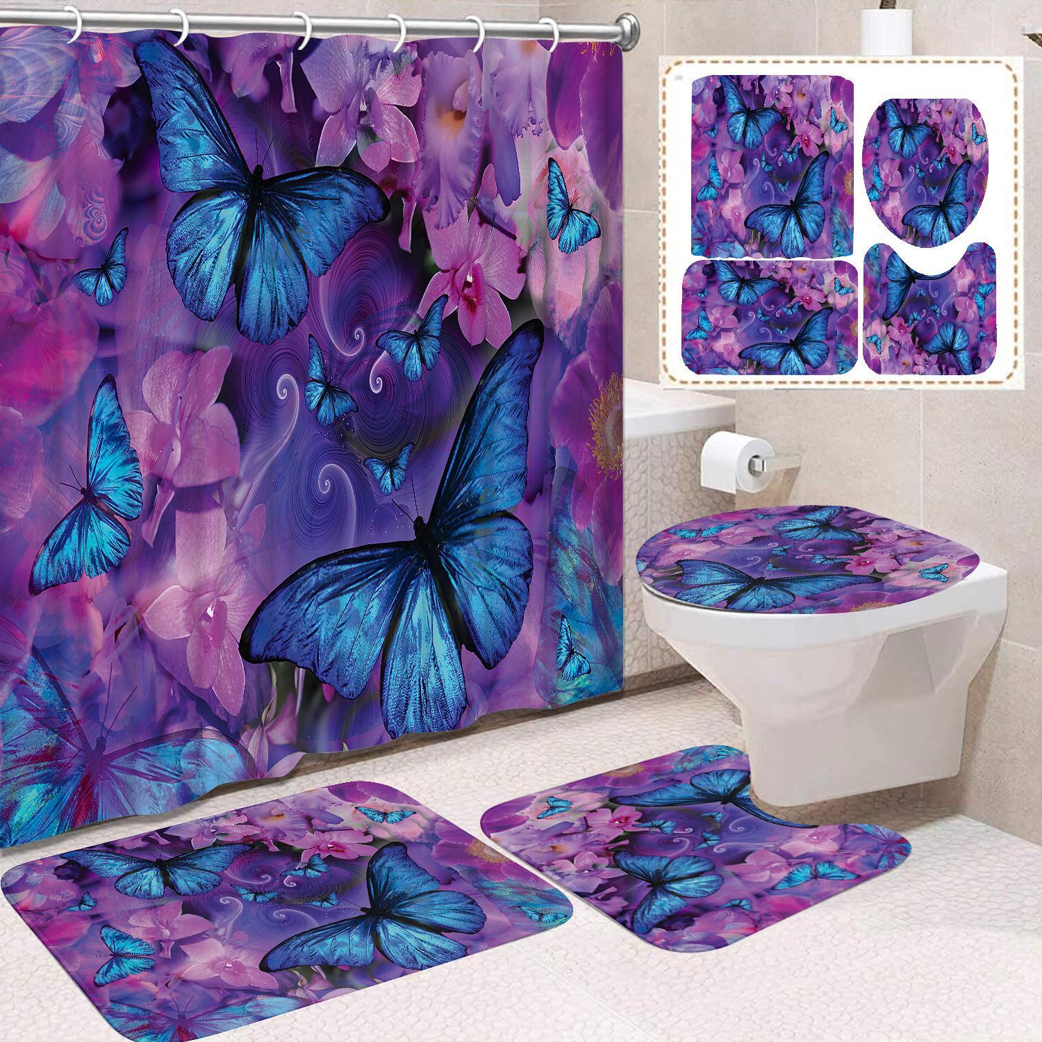 YL-38447 Home Decor Pink Butterfly and Flower Waterproof Shower Curtain Set (4 Pieces