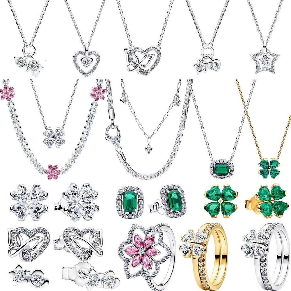 2026 New 925 Sterling Silver Four Leaf Flower Earrings Stud Ring Pendant necklaces Bead fit DIY Women's Bracelets Necklaces Jewelry Gifts