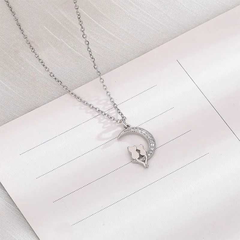 Sparkling Moon Cats Pendant Choker Necklace for Women Zircons Silver Plated Jewelry Gift for Ladies And Girls H260406