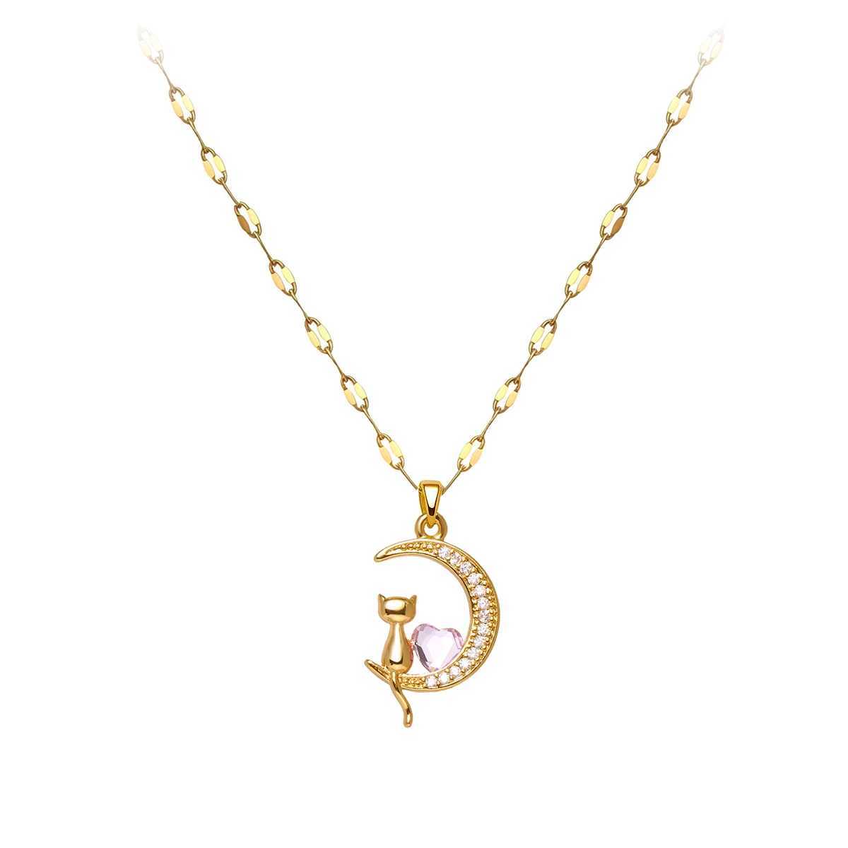 Womens Light Luxury Moon Cat Pendant Necklace Simple Trendy Stainless Steel Anti Allergic Jewelry for Niches H260406