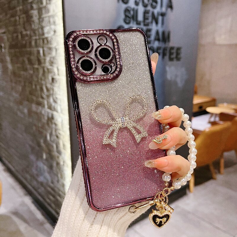 Designer Luxury Glitter Phone Case For Iphone 17 15 14 Pro Max 3D Bling Rhinestone Bowknot Protective Cover With Pearl Wrist Strap For Women