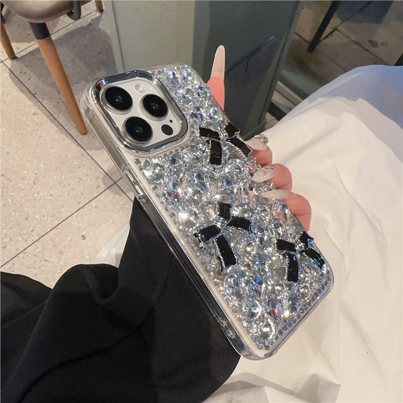 Designer Luxury Bling Full Rhinestone Phone Case For Iphone 16 15 14 Pro Max, Handmade 3D Black Bowknot Sparkle Crystal Diamond Protective Cover For W