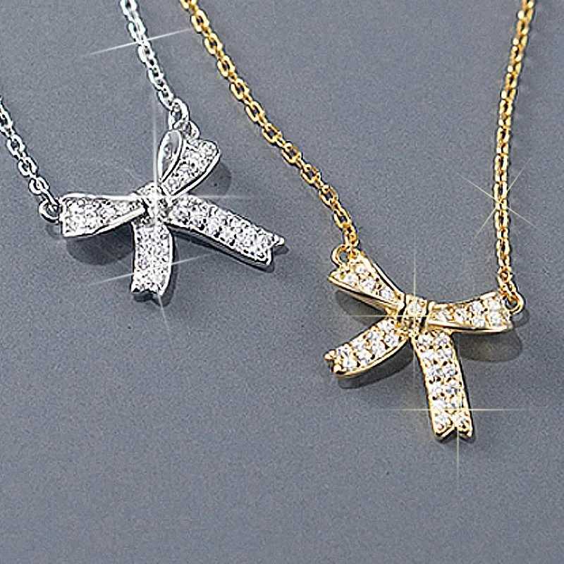 Korean Crystal Bowknot Pendant Necklaces For Women Cute Shiny Bow Clavicle Choker Necklace Sliver Chains Fashion Jewelry Gifts H260406