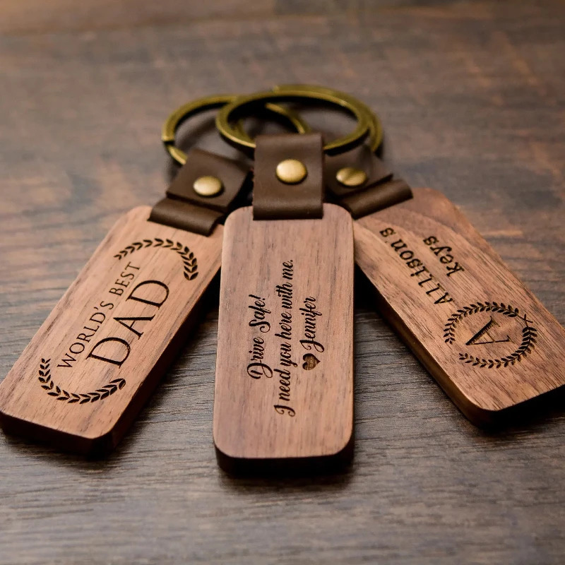 1PCS Free Custom Solid Wood Square Tag Key Chains Wooden Leather Car Keychain Accessories Fashion Bag Pendant Blank Wooden Card 260403BJ