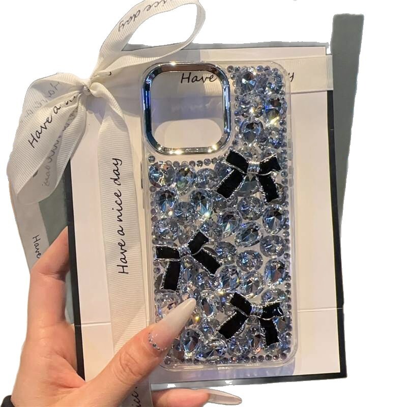 Designer Luxury Bling Full Rhinestone Phone Case For Iphone 16 15 14 Pro Max, Handmade 3D Black Bowknot Sparkle Crystal Diamond Protective Cover For W