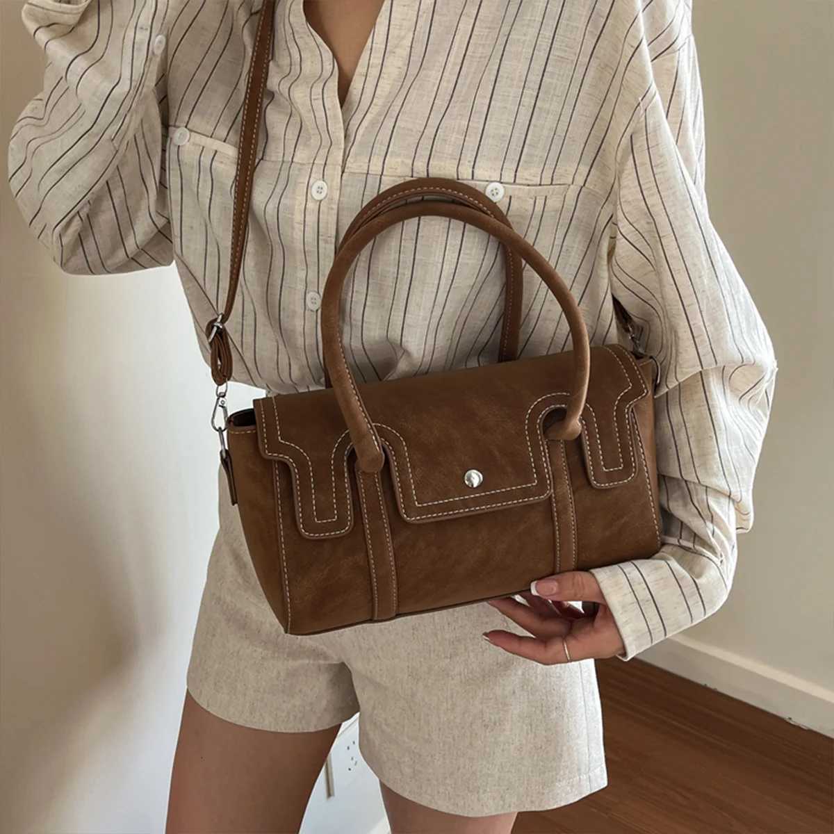 Trendy Retro Women Crossbody Bag Suede PU Quilted Handbag Solid Color Portable Shoulder Bag for Commute/Work C260406