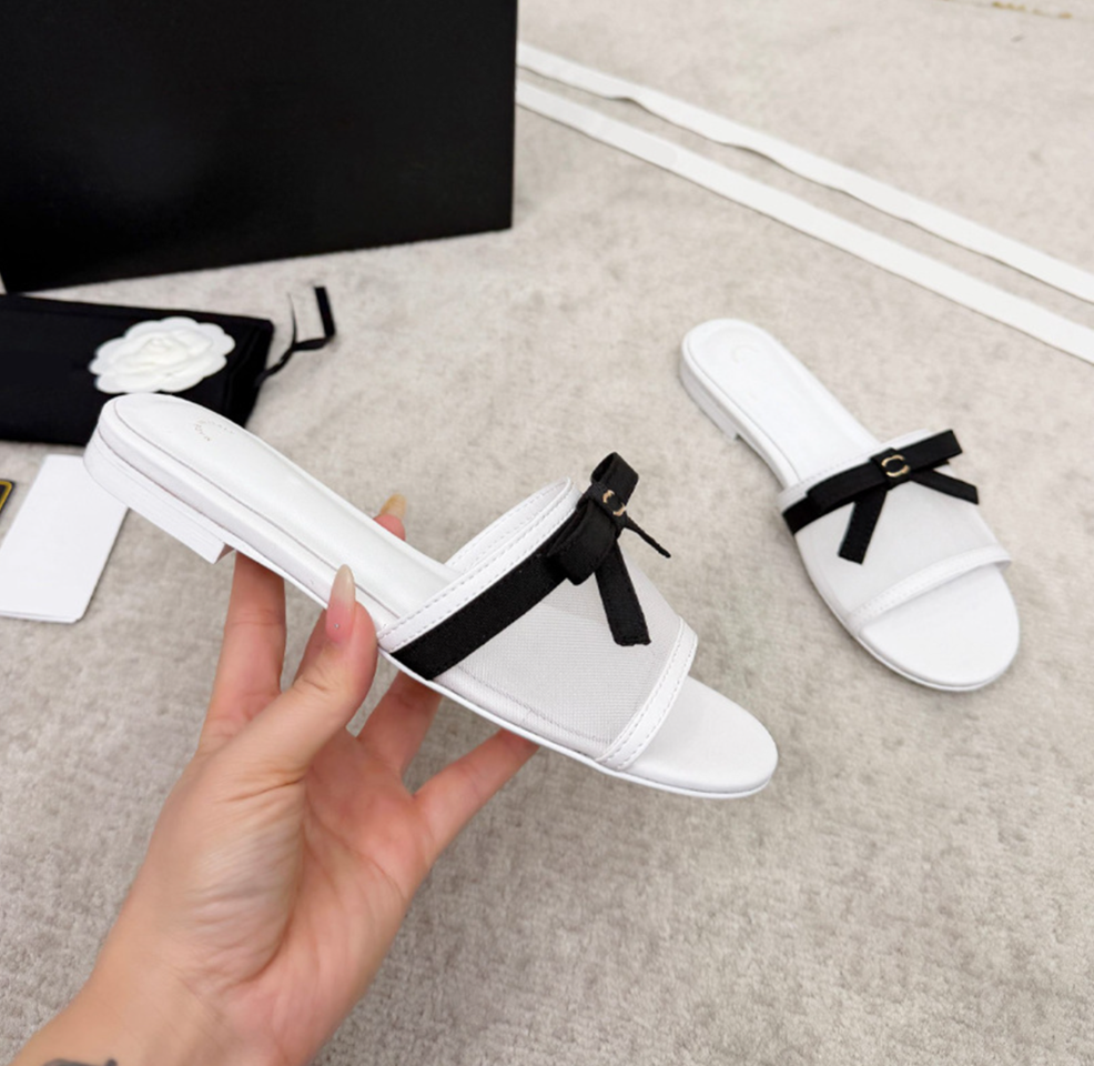 Summer bow mesh slide Designer flat shoe woman fashion sandale luxury chunky heel pink sandal Mirror quality sliders tazz slipperdress tns casual beach shoes