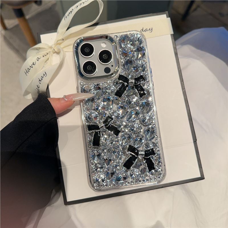Designer Luxury Bling Full Rhinestone Phone Case For Iphone 16 15 14 Pro Max, Handmade 3D Black Bowknot Sparkle Crystal Diamond Protective Cover For W