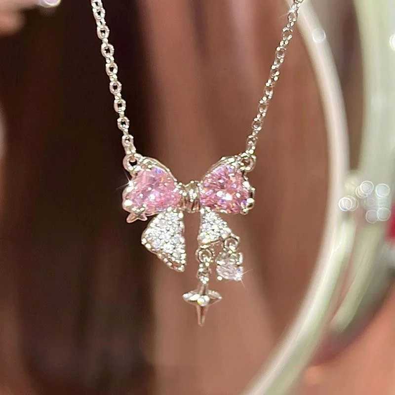 Pink bow necklace sweet cool girl clavicle chain all-match light luxury high-end simple cool accessories H260406