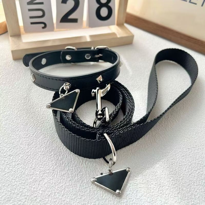 Designer Dog Collars and Leash Luxuy Leather Dog Collar with Classic Triangular Metal Charm Comfortable Adjustable Cats Collar